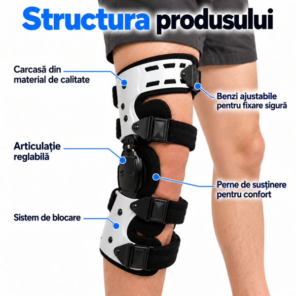 Structura ortezei Zenifique, carcase rigide, benzi ajustabile, articulație și perne de susținere